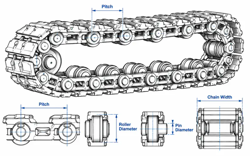 Technical dimensions diagram for a linked chain; values must be confirmed